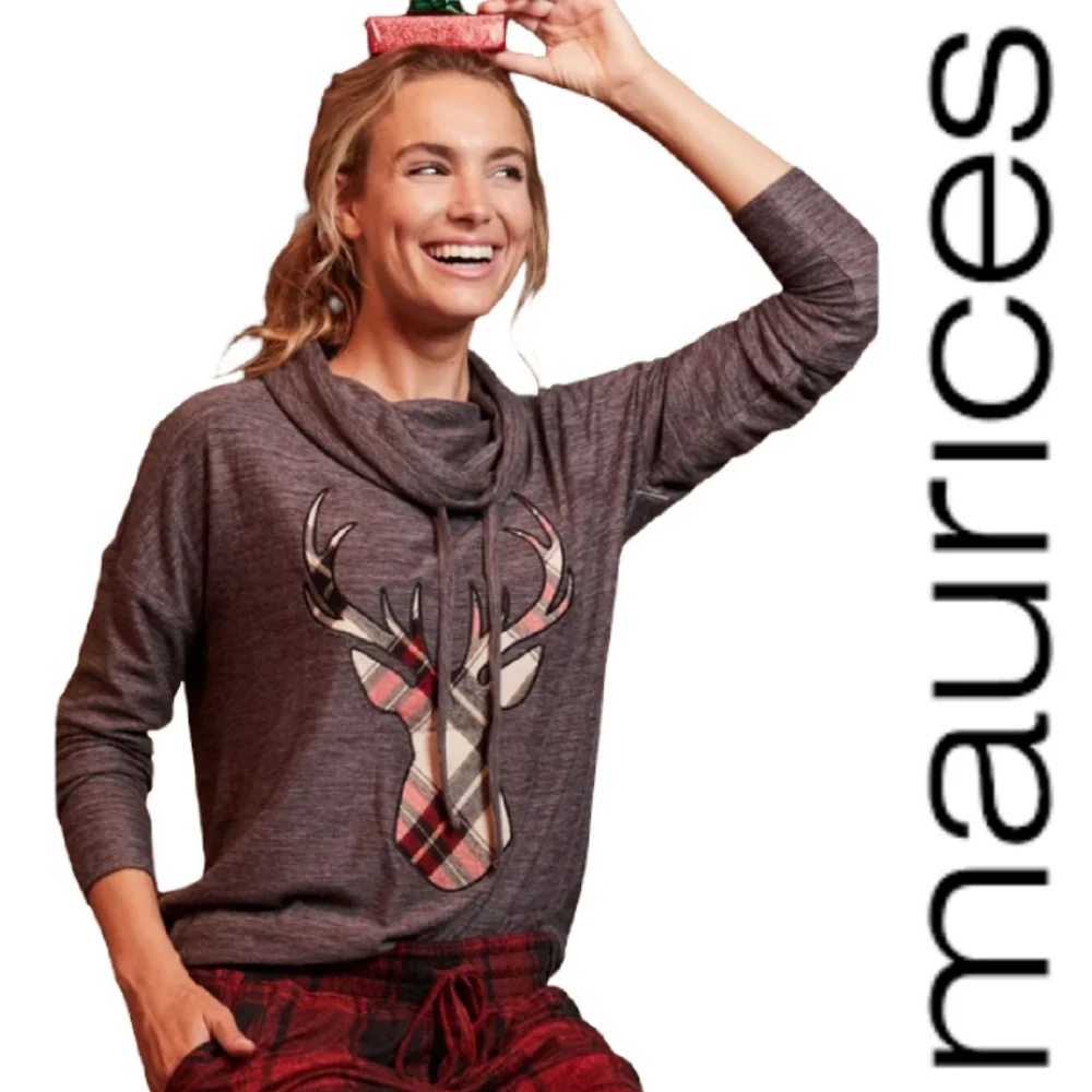 Maurices Gray Plaid Reindeer Cowl Neck Cozy Pullover Sweatshirt - Picture 12 of 13